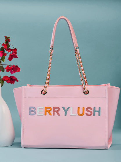 Berrylush Women Pink Typography PU Mobile Pouch Embellished Oversized Tote Bag