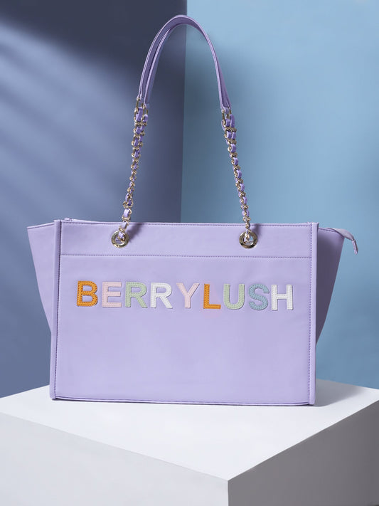 Berrylush Women Purple Typography PU Mobile Pouch Embellished Oversized Tote Bag