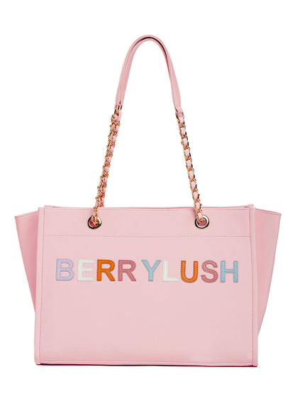 Berrylush Women Pink Typography PU Mobile Pouch Embellished Oversized Tote Bag