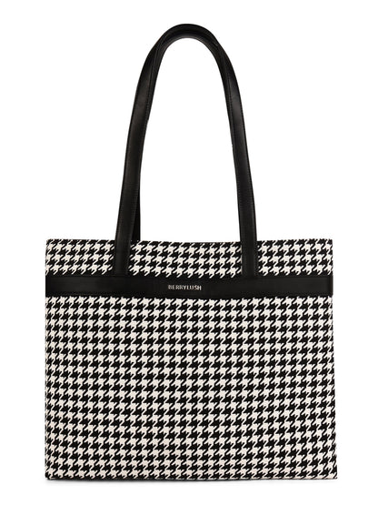 Berrylush Women Black & White Geometric Printed Polyester Zipper-Up Two-Handle Tote Bag