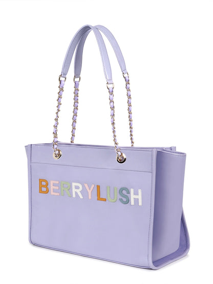 Berrylush Women Purple Typography PU Mobile Pouch Embellished Oversized Tote Bag