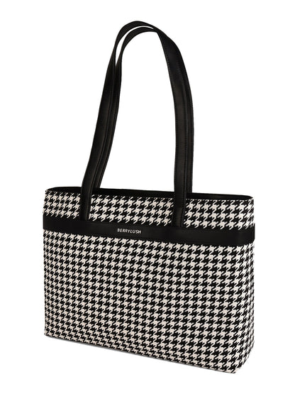 Berrylush Women Black & White Geometric Printed Polyester Zipper-Up Two-Handle Tote Bag