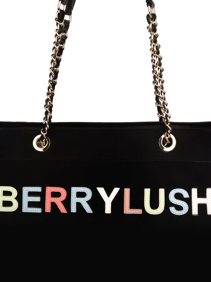 Berrylush Women Black Typography PU Mobile Pouch Embellished Oversized Tote Bag