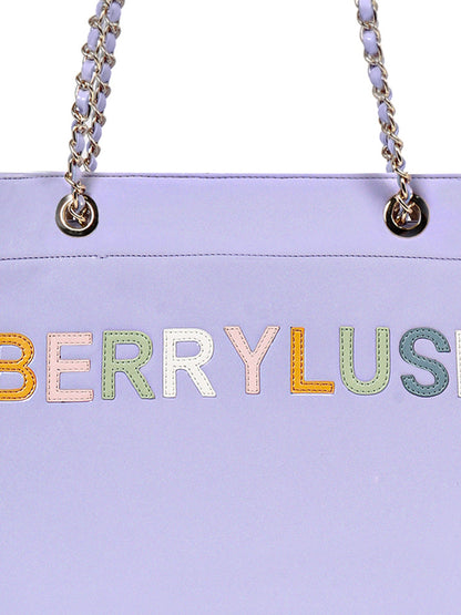 Berrylush Women Purple Typography PU Mobile Pouch Embellished Oversized Tote Bag