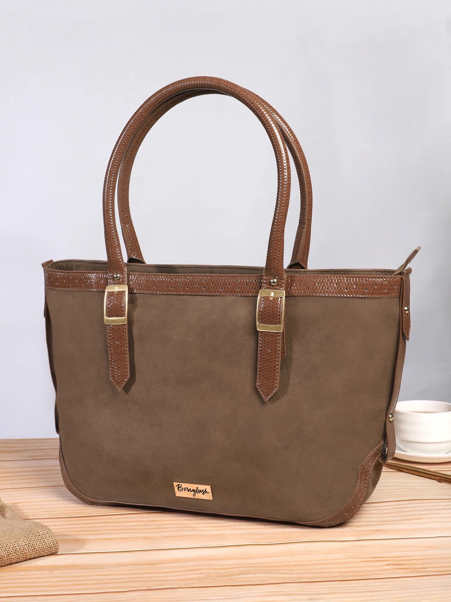 Berrylush Women Solid Brown PU Two Handles Shopper Regular Tote Bag