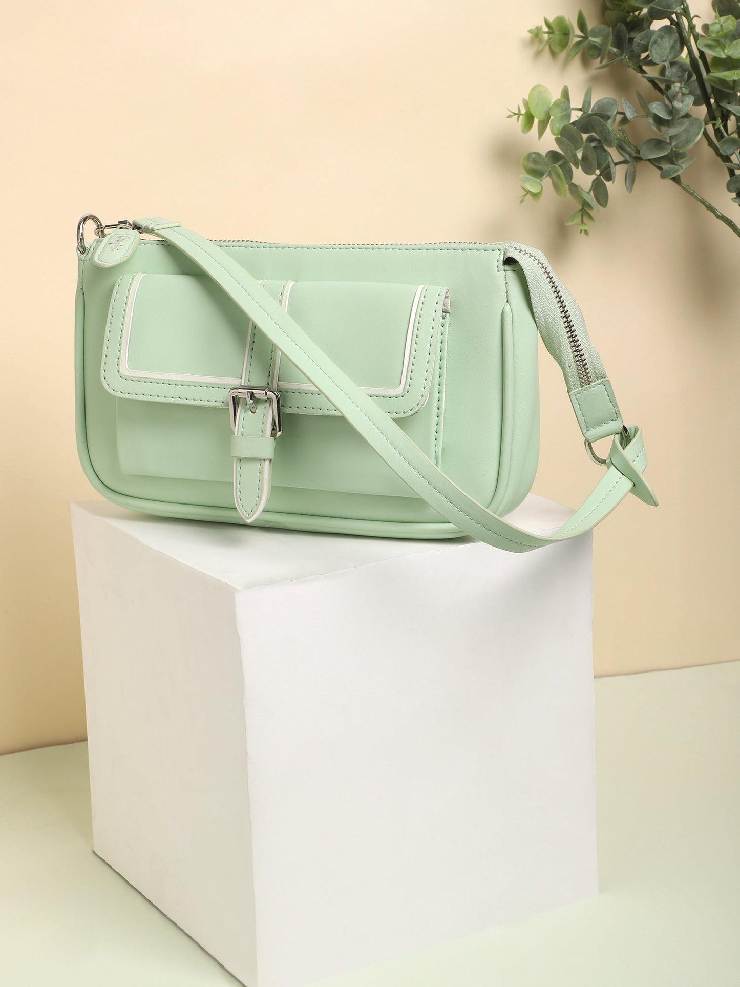 Berrylush Women Solid Green PU Buckle Detail Swagger Regular Shoulder Bag